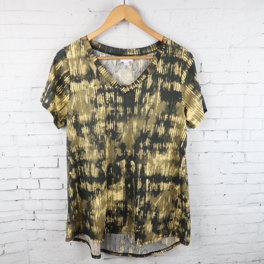 LULAROE BLACK & YELLOW ABSTRACT PRINT SHORT SLEEVE V NECK TOP SIZE MEDIUM